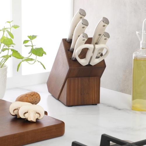 Sur La Table Kitchen Essentials Tasting Kitchen High-Carbon German Steel 8 Piece Full Tang Forged Cutlery Knife Block Set - Eggshell White W/Ashwood Block