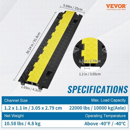 VEVOR Cable Protector Ramp, 2 Channel, 22000 lbs/axle Capacity Heavy Duty TPU Wire Cord Cover Ramp Hose Protector Driveway, Traffic Speed Bump w/TPR Flip-Open Top Cover, for Indoor & Outdoor