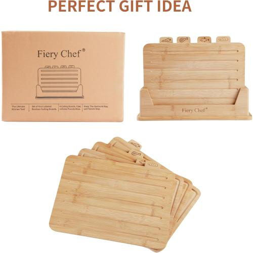 12.6L x 9W Bamboo Cutting Board Set of 4 - Wood Cutting Board Set with Holder, Chopping Boards Set with Food Icons, Juice Groove - Ideal for Meat, Fish, Bread, Vegetable, Fruit Chopping