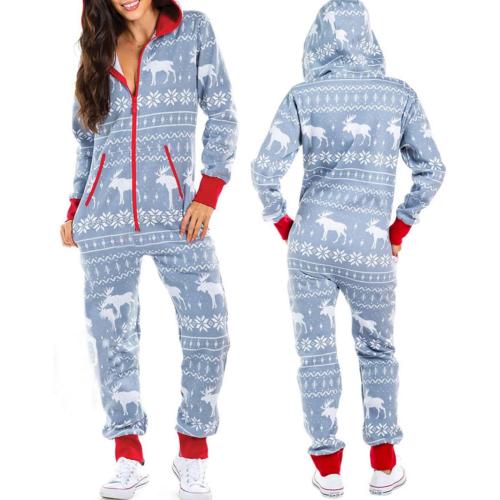 XL Women Hooded Fleece Pajamas 3D Printed Christmas Sleepwear 1-Piece Jumpsuit Homewear Romper