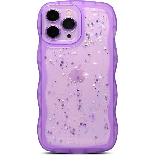 Qokey for iPhone 14 Pro Max Case 6.7, Curly Wave Design Transparent Bling Glitter Shiny Cute Clear Transparent Full Protection Soft TPU Shockproof Phone Cover(Purple)