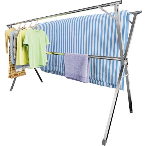 Clothes Drying Rack,Heavy Duty Stainless Steel Garment Rack,Adjustable and Foldable Laundry Drying Rack for Indoor Outdoor Drying Rack Clothing with 20 Windproof Hooks (Silver, 95)