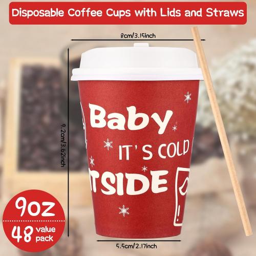 48 Pcs 9 oz Hot Cocoa Bar Disposable Coffee Cups Christmas It's Cold Outside Tea Paper Cup with Lid and Straw for Christmas Baby Shower Party Supplies(Red)