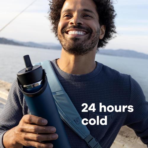 Dark Blue Lid Hydro Flask Water Bottle - Insulated Stainless Steel - Wide Mouth Flex Straw Lid, Non Spill, Leakproof and Refillable in 24 Oz Polar Plunge