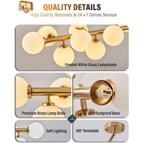Glass Globe Sputnik Chandelier, 16-Light Mid Century Modern Light Fixture Over Table, Linear Chandeliers for Dining Room, Kitchen Island, Brass Gold and Milk White Bubble, 40 Inch, GC-02