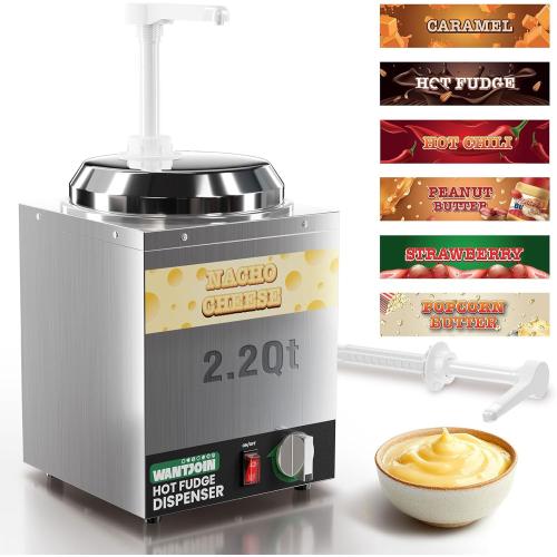 WantJoin Nacho Cheese Dispenser with Pump - 2.2Qt Nacho Cheese Warmer,Stainless Steel Hot Fudge Warmer W/5-Level Temperature Adjustment,Commercial Hot Fudge Dispenser for Hot Fudge Cheese Caramel