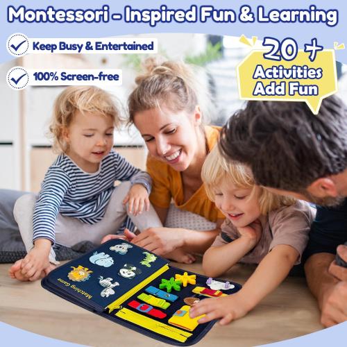 Qizfun Toddler Busy Board Montessori Toys – Sensory Busy Book, Educational Learning Travel Toy for Airplane & Car, Keeps Toddlers Entertained, Birthday Gifts for Toddler Boys Girls (Blue/P8)