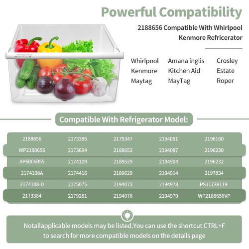 2188656 Crisper Bin, compatible with Whirlpool Refrigerator,Fridge Drawers,Kenmore Refrigerator Parts,Whirlpool Shelf Replacement- WP2188656,2188656 Fridge Crisper Drawer (Upper)