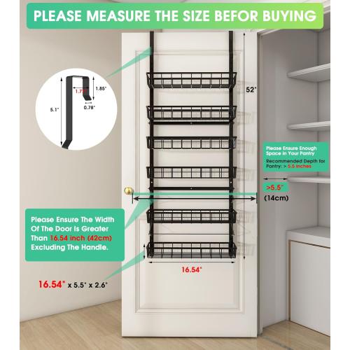Over The Door Pantry Organizer, Pantry Storage and Organization, 6-Tier Adjustable Hanging Baskets, Metal Wall Mount Spice Rack Seasoning Shelves for Home & Kitchen, Laundry Bathroom - Black