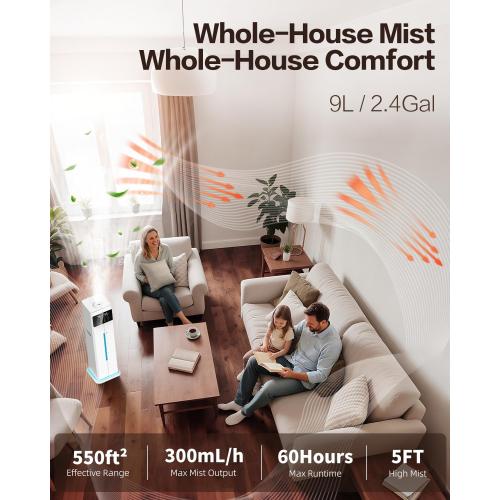 Cool Mist Humidifiers for Bedroom, Ultrasonic 2.4Gal 9L Quiet Top-Fill, Easy Clean with Essential Oil Tray, 360°Nozzle, 4 Speed, Remote, 60H Runtime, for Baby, Adults, Plants, Home, House, Large Room