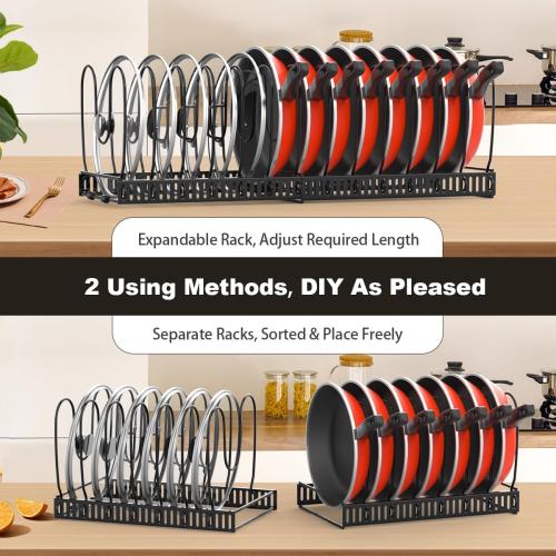 Housolution Pot and Pan Organizer Rack for Cabinet, Expandable Pot Lid Organizer Holder with 14 Adjustable Dividers, Fully Expanded Size 22.83 W x 7.09 D x 7.09 H, Black