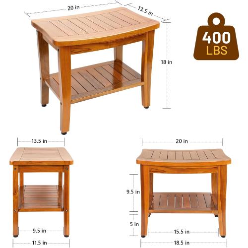 20 Premium Teak Shower Bench with Shelf & Handle, Solid Teak Shower Stool, Durable Wooden Waterproof Seat for Inside Shower, Teak Wood Bench for Bathroom, Indoor & Outdoor Use