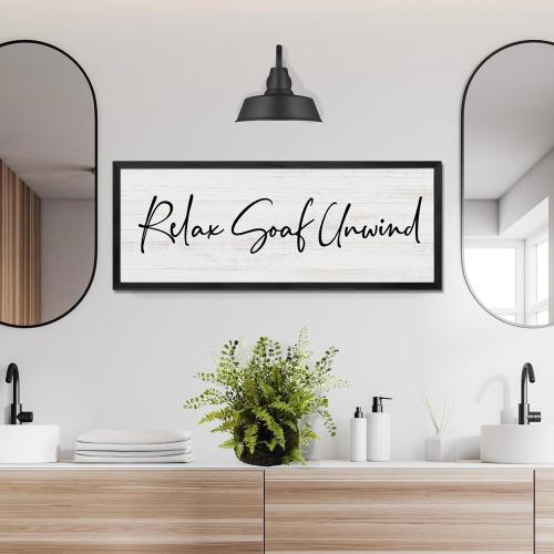 Relax Soak Unwind Wooden Sign Framed Wall Art, 32''×12'' Rustic Horizontal Motivational Bathroom Quote Wood Plaque, Farmhouse Long Inspirational Shower Room Saying Wood Sign Wall Decor for Bathhouse Wash Room