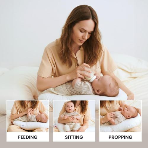 Nursing pillow with a 100% cotton satin cover. Firm maternity pillow for breastfeeding and support. Multi-purpose comfort during pregnancy and postpartum. Boomerang design by Nordic Sleep.