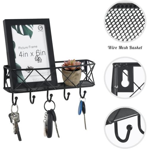 HappyHapi Key Holder for Wall Decorative, Entryway Key Hooks, Wall Mounted Key Rack with 5 Hooks, Metal Wire Mesh Basket Mail Holder, 9.8”Lx2.1”Wx4.1”H