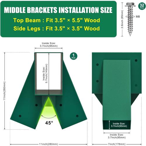 BeneLabel A-Frame Middle Swing Set Brackets, Heavy Duty Steel Swing Set Hardware with Mounting Hardware, DIY Swing Set Bracket Swing Set Kit for 2 (4x4) Legs & 1 (4x6) Beam, Green