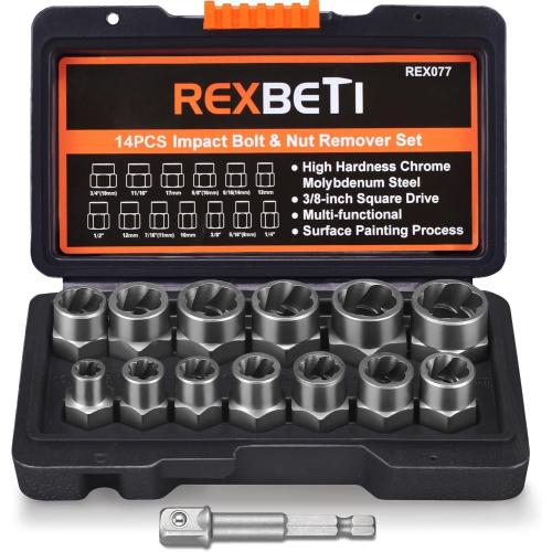 REXBETI Impact Bolt & Nut Remover Set, 13 1 Pieces Bolt Extractor Tool Set with Solid Storage Case