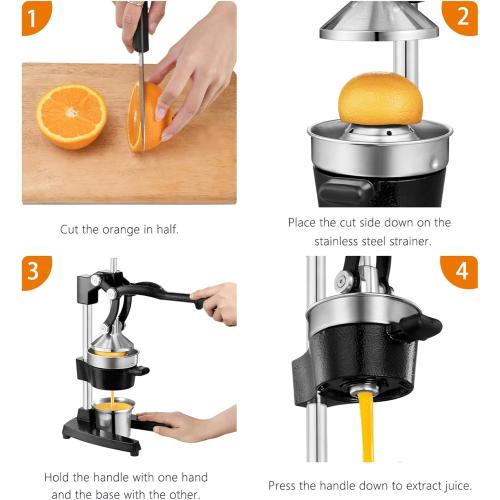 Cast Iron Juicer with Stainless Steel Cup, for Orange, Lemon, Lime, Citrus, Grapefruit & Pomegranate, Heavy Duty Manual Juicer, Hand Press Juicer, Easy to Clean, Black