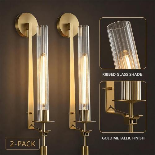LIGHTLAND Gold Wall Sconces Set of 2, 28 Inch Modern Metal Glass Wall Light Fixture, Wall Lamp for Living Room Bedroom Hallway