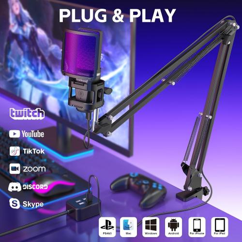 BLACK ZealSound Gaming USB Microphone,Noise Cancellation Condenser mic,RGB Microphone with Mute,Gain,Monitoring,Boom Arm,Pop Filter for Phone,PC,Computer,PS4,PS5,Mac,Streaming,Podcast,Twitch,YouTube,Discord