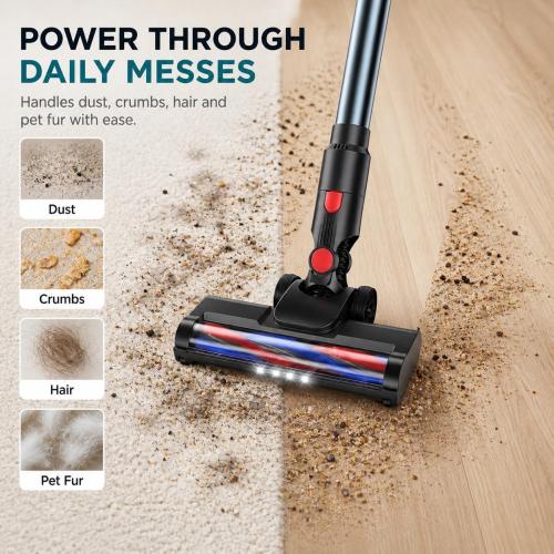 Cordless Vacuum Cleaner, Stick Vacuum for Pet Hair & Hardwood Floor, Self-Standing Rechargeable Vacuum with Smart LED Display, Lightweight Battery Powered Vacuum for Home, Dorm, & Dog Hair