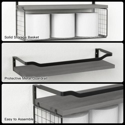 WOPITUES Floating Shelves with Wire Storage Basket, Bathroom Shelves Over Toilet with Protective Metal Guardrail, Wood Wall Shelves for Bathroom Organizers and Storage, Toilet Paper- Gray