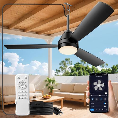PBLALA 52 Outdoor Ceiling Fans with Lights,Plug in Ceiling Fan Light,Gazebo Fan Light,Hanging with Hook,50W,3CCT,App&Remote Control,6-Speeds,DC Motor,Portable Fan for Patios,Pergola