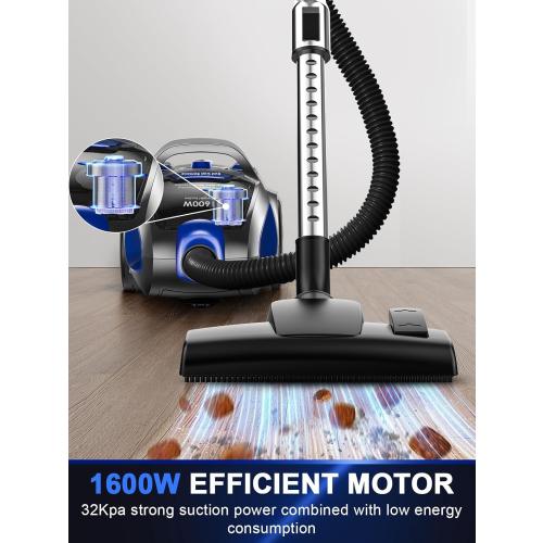 Canister Vacuum Cleaner, 40Kpa 1600W Cyclon Power, Dust Full Indicator, Double HEPA Filters, 3.7Qt Large Capacity, Lightweight Vac for Hard Floors, Carpets, Pet Hair, Blue