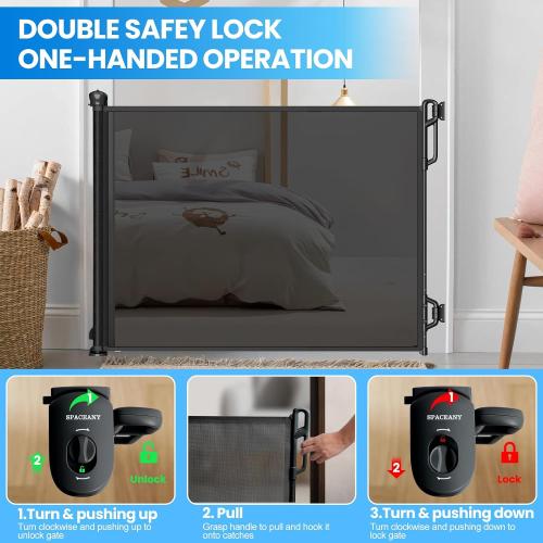Retractable Safety Baby Gate or Mesh Dog Gate,Durable Portable Mesh Retractable Gate,Easy to Use for Stairs, Doorways, Hallways, Indoor, Outdoor, 33.5 Tall, Up to 45 Wide, Black
