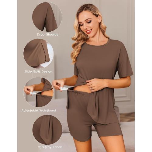 BROWN 2XL Ekouaer Women's Maternity Pajamas Sets 2 Piece Outfits Short Sleeve Shirts and Biker Shorts Pregnancy Loungewear Mama Clothes