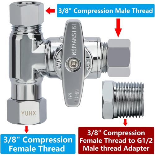 YUHX Brass Angle Stop Add-A-Tee Valve for TOTO Washlet Bidet and Handheld Sprayer, 3/8 Inch Compression Shut Off 3 Way Diverter Connector, 3/8 x3/8x3/8 or 1/2 Toilet T Adapter