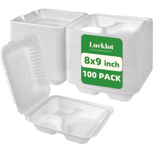 Lucklot 100 Pack 8×9 Inch 3-Compartment Compostable Bagasse Food Containers