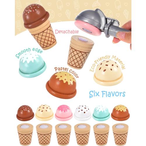 Toyssa Wooden Ice Cream Toys Kids Pretend Play Store Toys for Toddlers Girls 3 4 5 6, Wooden Food Christmas Birthday Gifts Play Kitchen Accessories for 2 3 4 5 Year Old Girls Boys