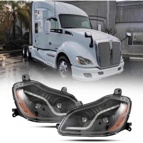 Pair Headlights Assembly for Kenworth T680 2013-2021 LED Projector Headlamps Replacement Left Driver and Right Passenger （Black）