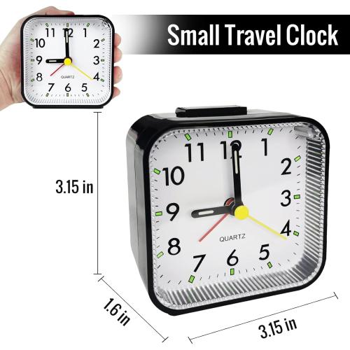 Small Analog Travel Alarm Clock, Battery Operated Desk Table Shelf Clock for Kids, Quieter Bedside Alarm Clocks for Bedrooms Bathroom Living Room Kitchen, Black