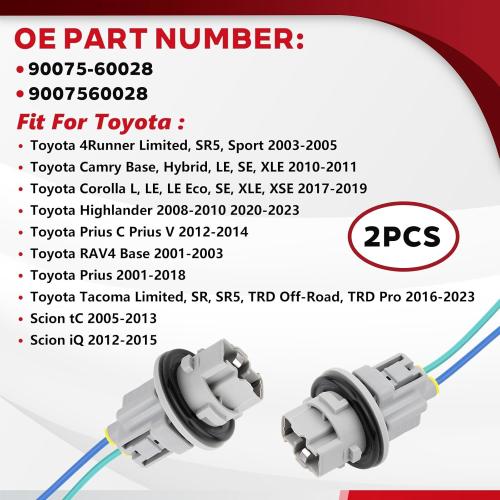 Front Turn Signal Light Socket with Pigtail Connector Fit for Toyota 4Runner C-HR Camry Corolla Highlander Prius RAV4 Tacoma Lamp Bulb Plug Holder and Wire Harness Replace OE 90075-60028 2PCS