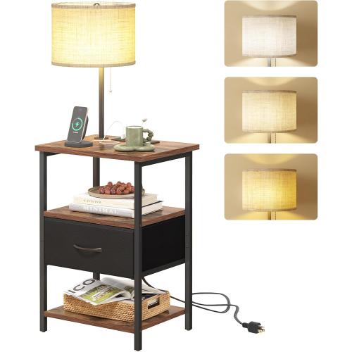 Fixwal Nightstand with Lights Bedside Table with 3 Color Temperatures Bulb, Night Stand with Charging Station End Table with Adjustable Fabric Drawer for Bedroom Dorm