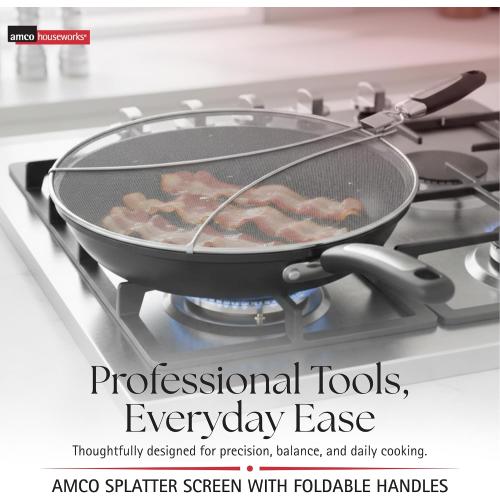 Amco 13 Splatter Screen with Foldable Handles - Stainless Steel Odor Absorber, Dishwasher Safe Versatile Kitchen Tool for Pans of All Sizes - Prevents Messy Splatters