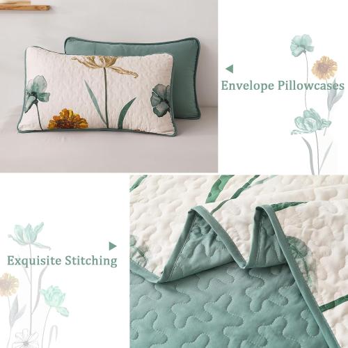 WONGS BEDDING Floral Quilt Set King,Green Yellow Printed Botanical Bedspread Bedding Set with 2 Pillowcase,Spring Summer Lightweight Farmhouse Coverlet Set for All Season (104x90)