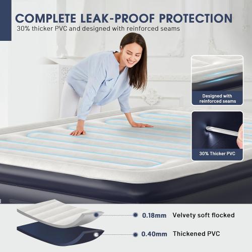 Beige and Navy Blue Air Mattress With Built In Pump, Raised Blow Up Mattress 2 Mins Self-Inflation/Deflation,Upgraded Thicker Inflatable Mattress，Air Bed with Storage Bag for Guests,Home，Camping，660 lbs Max