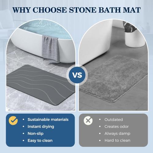 Stone Bath Mat Diatomaceous Earth Non-Slip Shower Mat,Quick Drying Diatomite Bath Stone Mat for Bathroom Floor -Super Absorbent,Natural, Easy to Clean(24×16 Grey)