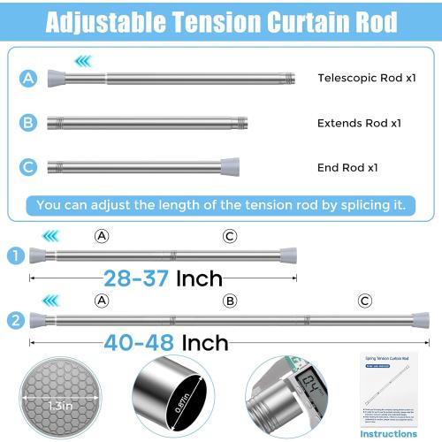 AIZESI Tension Curtain Rod Spring Tension Rods for Windows 28 to 48 Inch, 7/8 Diameter Silver, Adjustable Curtain Rods No Drilling, Shower Curtian Rod for Bathroom, Doorway, Closet