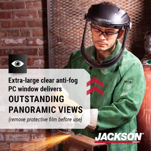Black Jackson Safety Lightweight MAXVIEW Premium Face Shield - Mask with 370 Speed Dial Ratcheting Headgear, ANSI Z87.1, for Work, Grinding, Cutting - Anti Fog Coating - Clear Tint