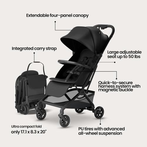 Mompush Velo Lightweight Travel Stroller, Compact & Airplane-Friendly for Baby and Toddler, Lie-Flat Seat, One-Hand Fold, with Leather Bumper Bar, Shoulder Strap, Raincover, Storage Bag & Cup Holder