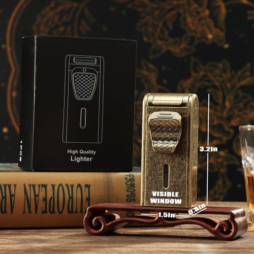 Torch Lighter, All in One Jet Flame Butane Lighter Built-in Cutter, Punch, Holder Function, Refillable and Adjustable Windproof Gas Lighter, Gifts for Men. Golden(Sold Without Gas)