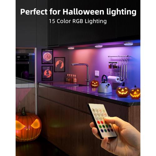 6 Pack White EZVALO 6-Pack Under Cabinet Lighting, Rechargeable Motion Sensor Puck Lights with Remote, 3 Color Temps &12 RGB Colors, Magnetic Stick on Light, Dimmable Under Counter Lights for Kitchen, Shelf, Stair