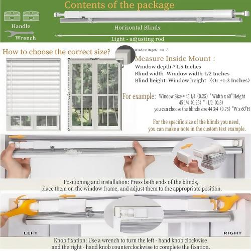 No Tools No Drill 1 Aluminium Mini Blinds,Cordless Venetian Blinds Light Filtering，Blackout，UV Protection，Horizontal Blinds and Shades for Window Door Size.White