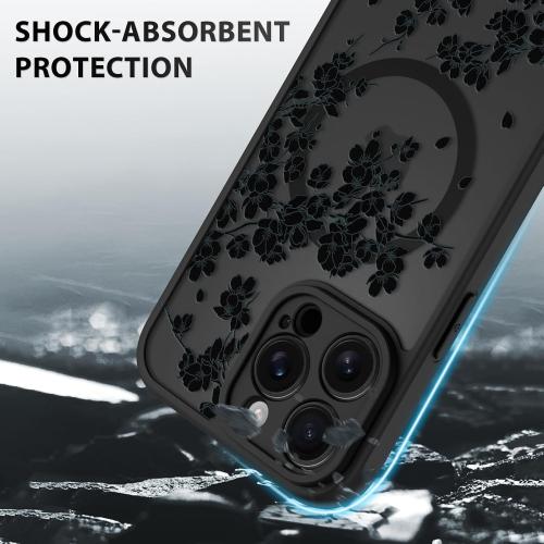 OOK Black Floral Flowers Phone Case Made for iPhone 13 Pro Max 6.7 Inch | Compatible with MagSafe, Magnetic, Translucent Phone Cover, Soft TPU   Hard PC, Anti-Scratch, Shockproof, for Women