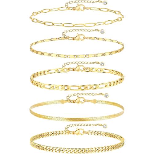 iF YOU Gold Ankle Bracelets for Women, 14k Gold Plated Waterproof Cuban Link Chain Anklets Set, Layered Anklet Bracelets for Women Beach Gift Adjustable Size 5pc