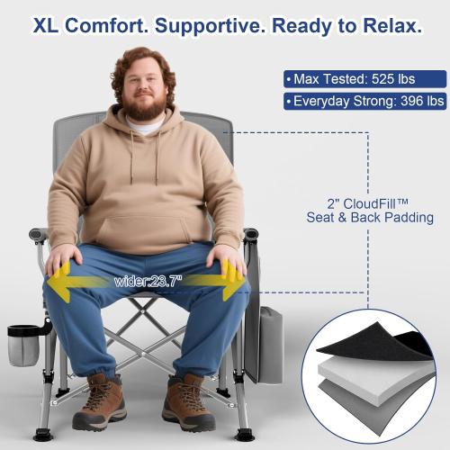 Size XL Color Grey and blue Heavy Duty Camping Chair 396lb Capacity (525lb MAX) - Waterproof 1680D Oxford - Oversized 2 Thick Padded Seat with Cup Holder & Cooler - Portable for Camping, Beach, Tailgating Slate/Navy